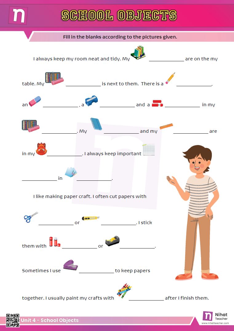 Practise English Vocabulary.   A multiple choice test school objects in English.    #download#Click here to download a worksheet about school objects in English in printable PDF format.    Search this site to find more about school objects in English.