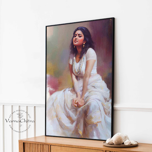 Indian Beauty, Digital Painting in Oil Impasto Alla Prima Style for wall art, interior decor by Biju Varnachitra