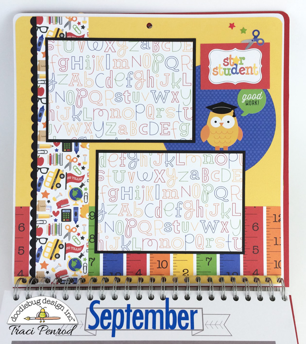 School Handmade Scrapbook Calendar with owls, bus, rulers, and supplies
