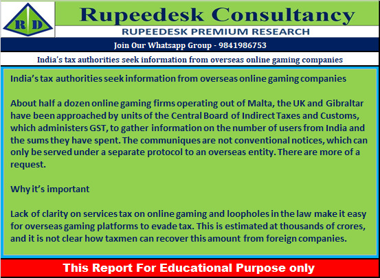 India’s tax authorities seek information from overseas online gaming companies - Rupeedesk Reports - 26.12.2022