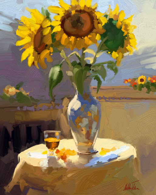 Sunflowers in morning light, digital oil painting by Mikko Tyllinen. beautiful flower paintings