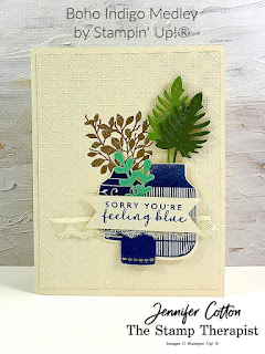 This sorry card uses Stampin' Up!'s Boho Indigo Medley, Dainty Diamonds embossing folder, and gold heat embossing.  Click the photo to go to video and supply list.  #StampinUp #StampTherapist