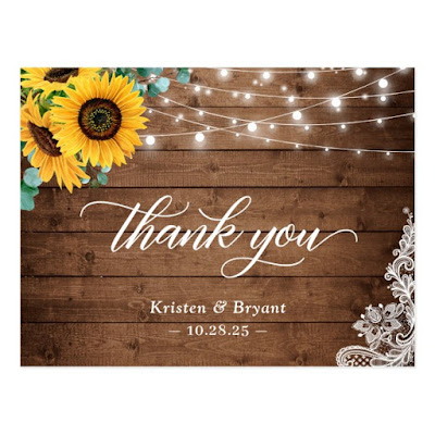  Rustic Wood Sunflower String Lights Lace Thank You Postcard