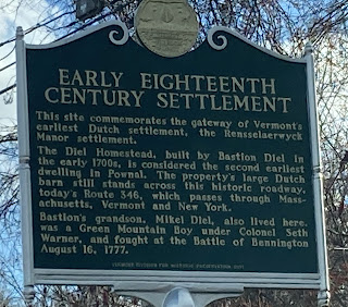 A roadside plaque in Pownal Vermont noting its settlement by Dutch farmers from New York