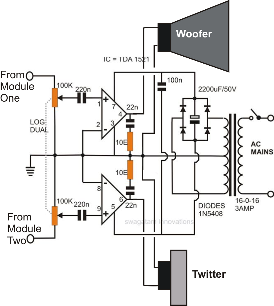 How To Make 1000w Subwoofer Circuit Board - A Couple Of Modules Discussed In The Above Section Will Need To Built And Connected To The Shown Stereo Amplifier Circuit Forpleting The Proposed Home - How To Make 1000w Subwoofer Circuit Board