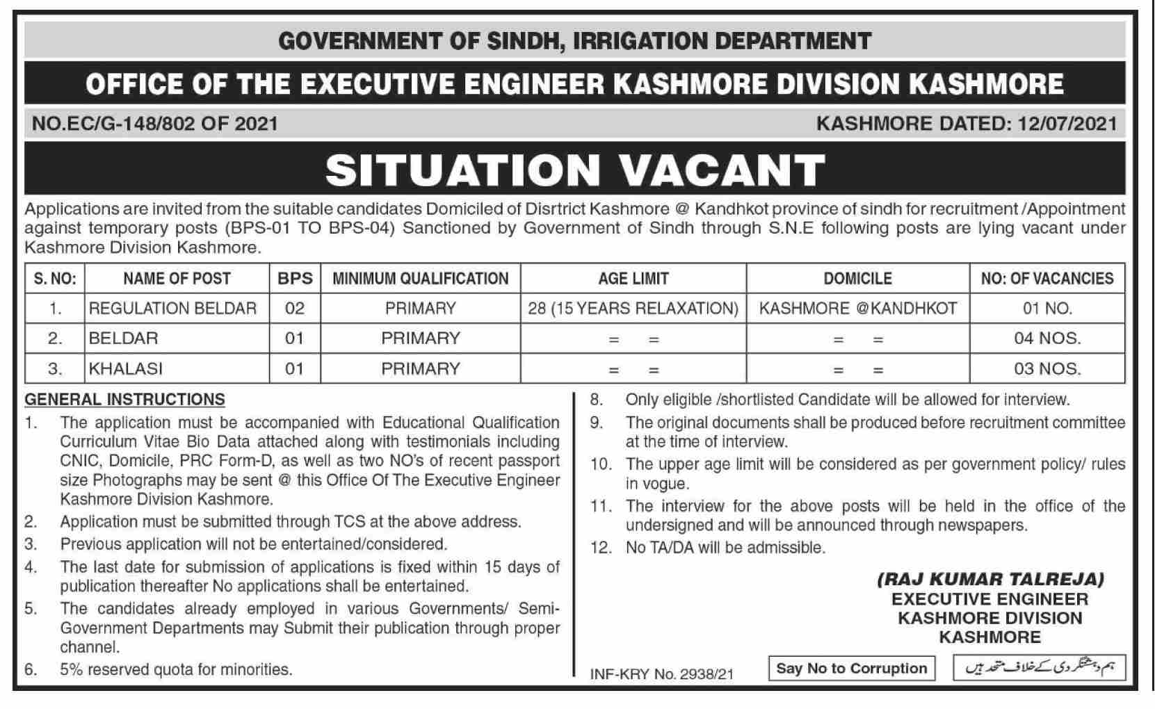 Jobs in Irrigation Department Govt of Sindh