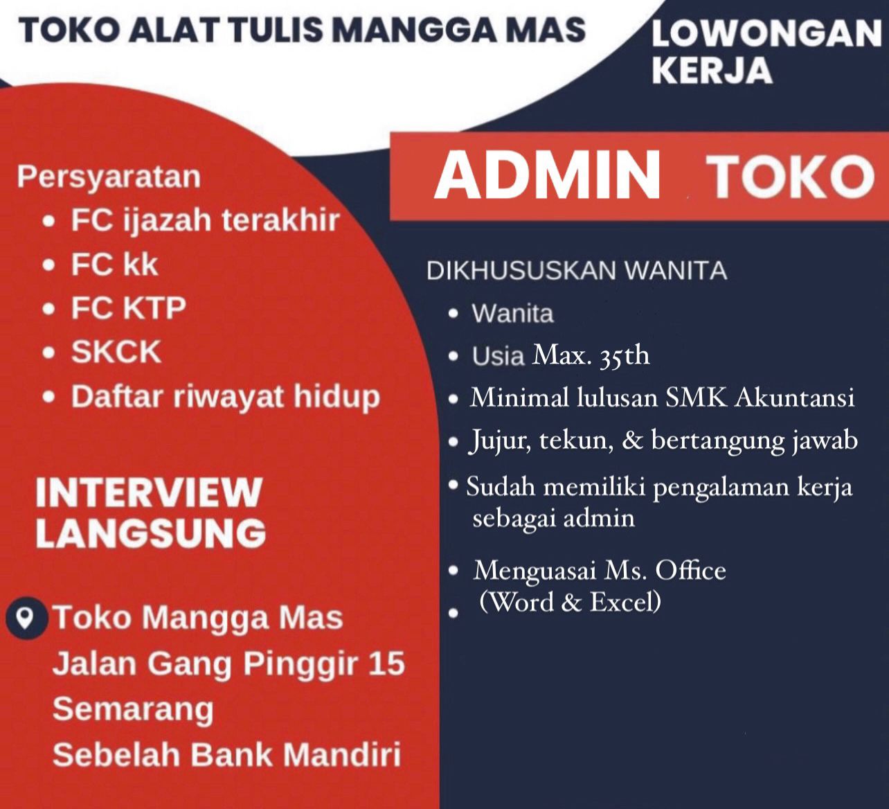 Lowongan Kerja Admin Toko Alat Tulis Mangga Mas Semarang