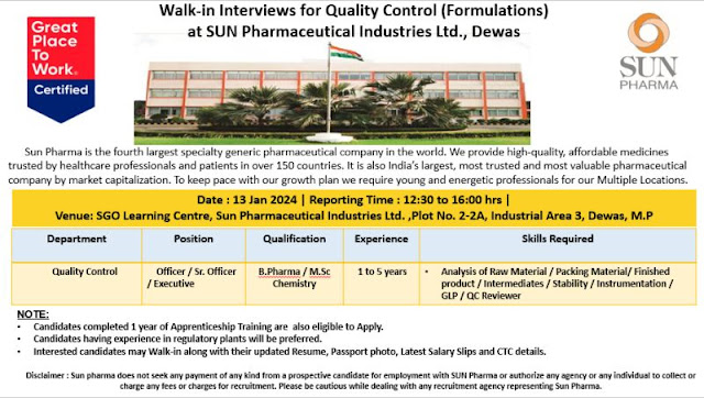 Sun Pharma Walk-in Interviews for Quality Control (Formulations)