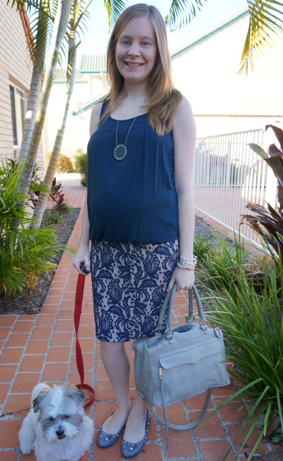 Blue and grey asos lace pencil skirt over baby bump pregnancy