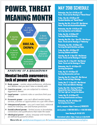 A Flyer with a Schedule of Events is attached.  It reads:   POWER, THREAT MEANING MONTH     ANATOMY OF A BREAKDOWN (graphic)  1. Life is hard all by it self 2. Basic needs are insecure 3. Bias and prejudice shut us out 4. Trusted institutions let us down 5. Social responses make it worse 6. Injuries add up 7. BREAK DOWN   MENTAL HEALTH AWARENESS:  LACK OF POWER AFFECTS US   Body power – society values preferences, attributes and abilities that you don’t have or identify with  Coercive power – you are subjected to violence, aggression, threats  Legal power – systemic rules or sanctions limit your choices  Economic power – you can’t afford needed goods, services, activities or opportunities on a par with others  Interpersonal power – you can’t meet basic relational needs for intimacy, care and human protection  Social/cultural power – limited access to knowledge, connections and qualifications that make life easier  Ideological power – values, language and meaning  are defined by powerful others   MAY 2018 SCHEDULE   Wednesday, May 2nd ~8-9:30 pm EST                                     Power, Threat and the Meaning of “Mental Illness”  Friday,  May 4th ~8-9:30 pm EST                                         Devalued Identities and "Mental Illness"  Saturday, May 5th ~2-5 pm EST:  Mini-Retreat                   Power, Threat and Unconventional Realities  Wednesday, May 9th ~8-9:30 pm EST                                                         Surviving Rejection and Invalidation  Friday, May 11th ~8-9:30pm EST                                      Surviving Childhood Adversity  Saturday, May 12th ~2pm - 5pm EST:  Mini-Retreat                            Power, Threat and the Meanings of “Mothering”  Wednesday, May 16th ~8-9:30pm EST                                          Surviving Disrupted Identities and Roles  Friday, May 18th ~8-9:30pm EST                                 Surviving Setbacks and Defeat  Saturday, May 19 ~2-5pm EST:  Mini Retreat                                Power, Threat and the Meanings of "Suicide"  Sunday, May 20 ~2-5pm EST:  Mini-Retreat                   Power, Threat and the Meanings of 'Mania'  Wednesday, May 23 ~8-9:30pm EST                                          Surviving Entrapments  Friday, May 25 ~8-9:30pm EST                                            Surviving Disconnection and Loss  Saturday, May 26 ~2-5pm EST:  Mini-Retreat                              Power, Threat and Angry Meanings  Sunday, May 27 ~2-5pm EST:  Mini-Retreat                   Power, Threat and Addictive Meanings  Sunday, May 27th ~Starting 10 PM EST                                                              Memorial Day Story Telling Marathon                                                     26.2 hour vigil, our lives go the distance                                                                       Tueday, May 29 ~8-9:30pm EST                                               Surviving Social Exclusion and Shame   Wednesday, May 30 ~8-9:30pm EST                                             Surviving Coercive Power  To Join Us:   Join by computer: https://zoom.us/j/119362879 Join by phone: +1 669 900 6833 or +1 646 558 8656 Enter Meeting ID: 119 362 879 International callers: https://zoom.us/u/jkwt3wHh     More info at:  peerlyhuman.blogspot.com & facebook.com/groups/WellnessRecoveryRights/