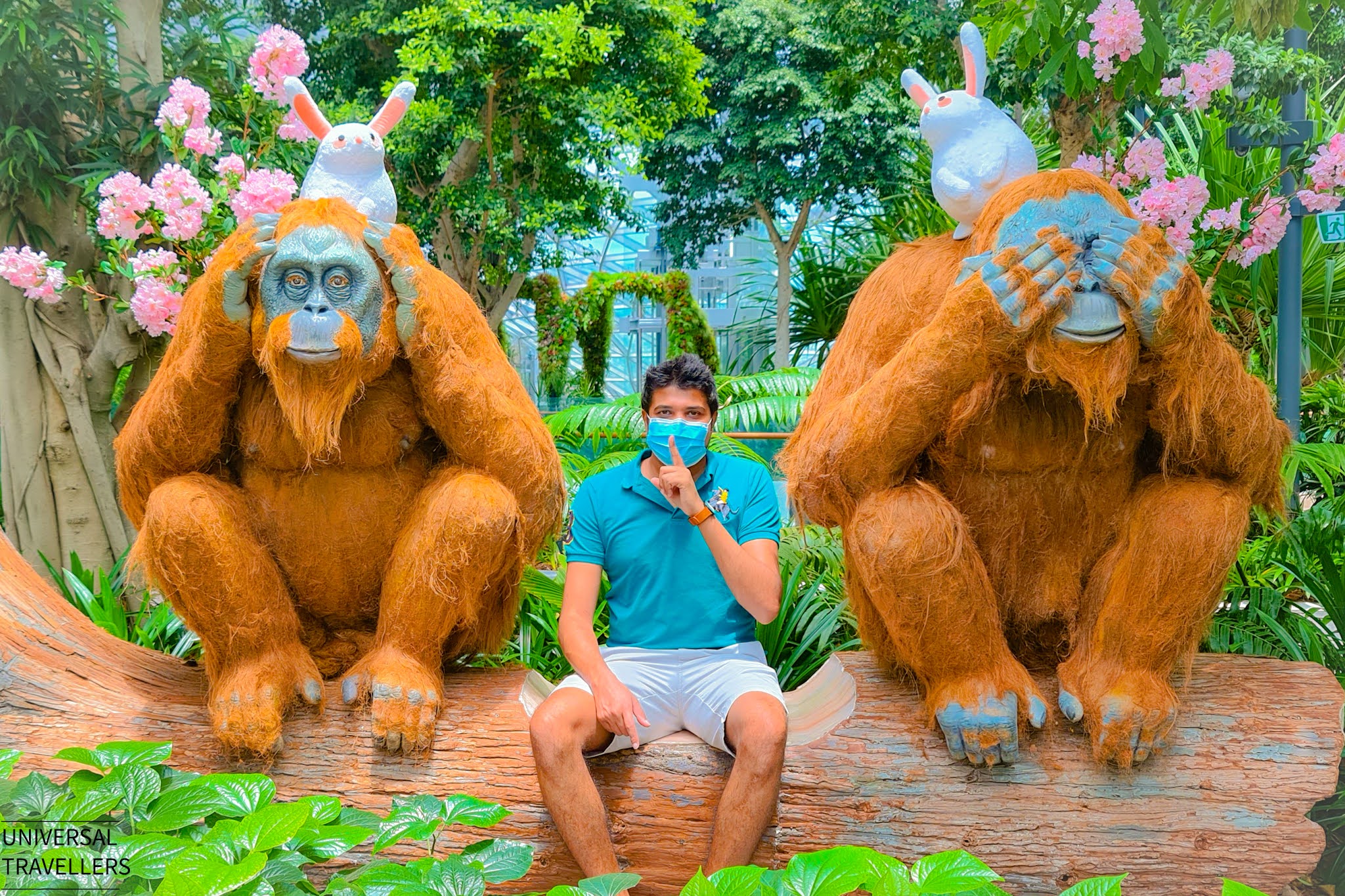 A boy is posing with two orangutans inside the Topiary Walk of Canopy Park, located at level 5 inside the Jewel Changi Airport