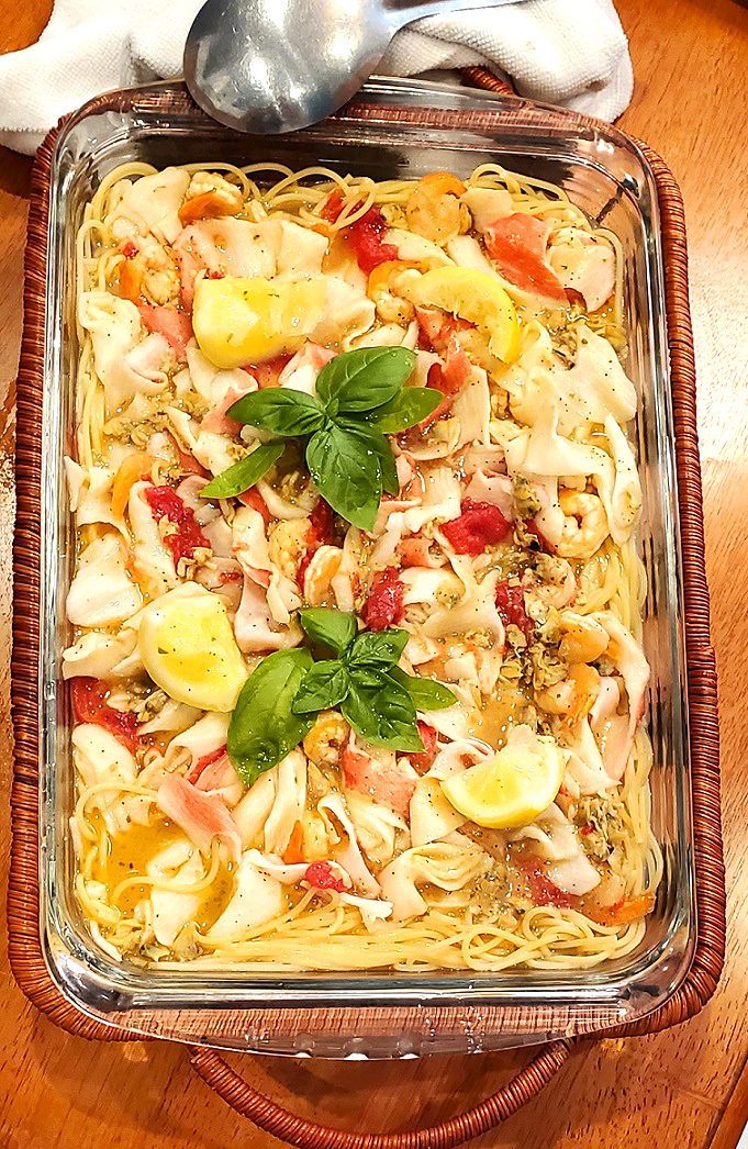 seafish in a wine butter sauce with pasta