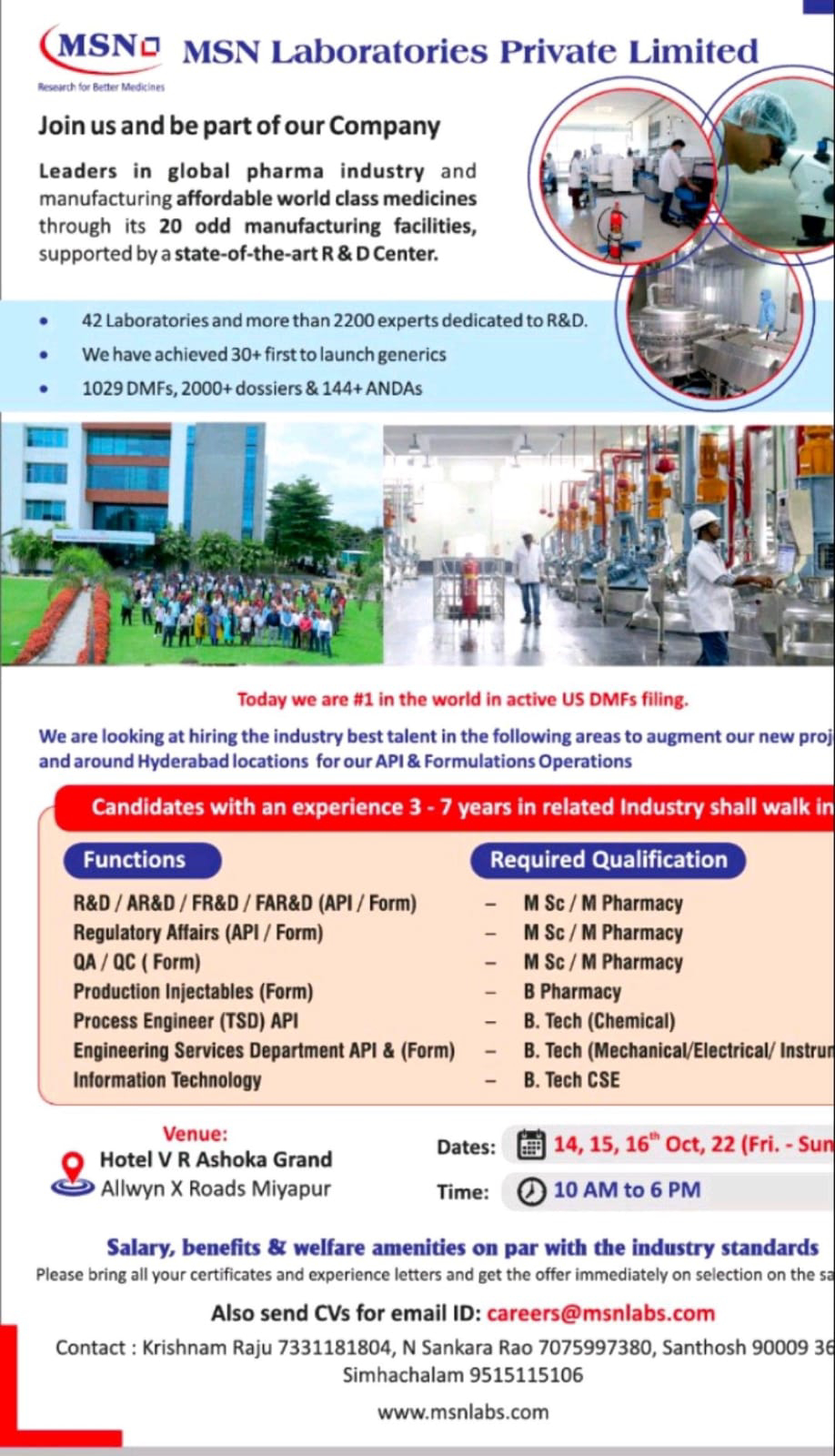 Job Available's for MSN Laboratories Pvt Ltd Walk-In Interview for MSc/ M Pharm/ B Pharm/ B Teach Chemical/ Mechanical/ Electrical/ Instrumentation Engineering