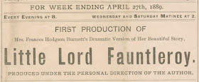 A newspaper heading advertising a production of "Little Lord Fauntleroy."