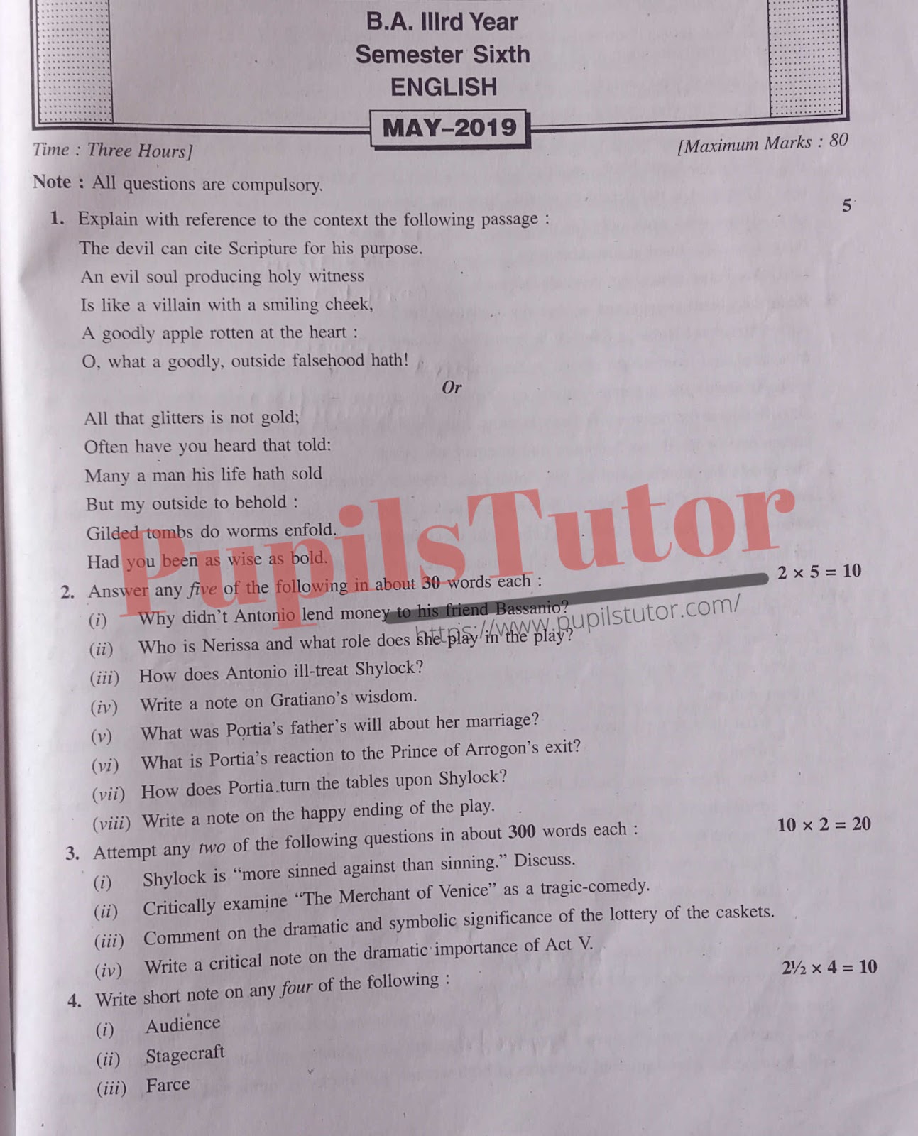 CDLU (Chaudhary Devi Lal University, Sirsa Haryana) BA Semester Exam Sixth Semester Previous Year English Question Paper For May, 2019 Exam (Question Paper Page 1) - pupilstutor.com