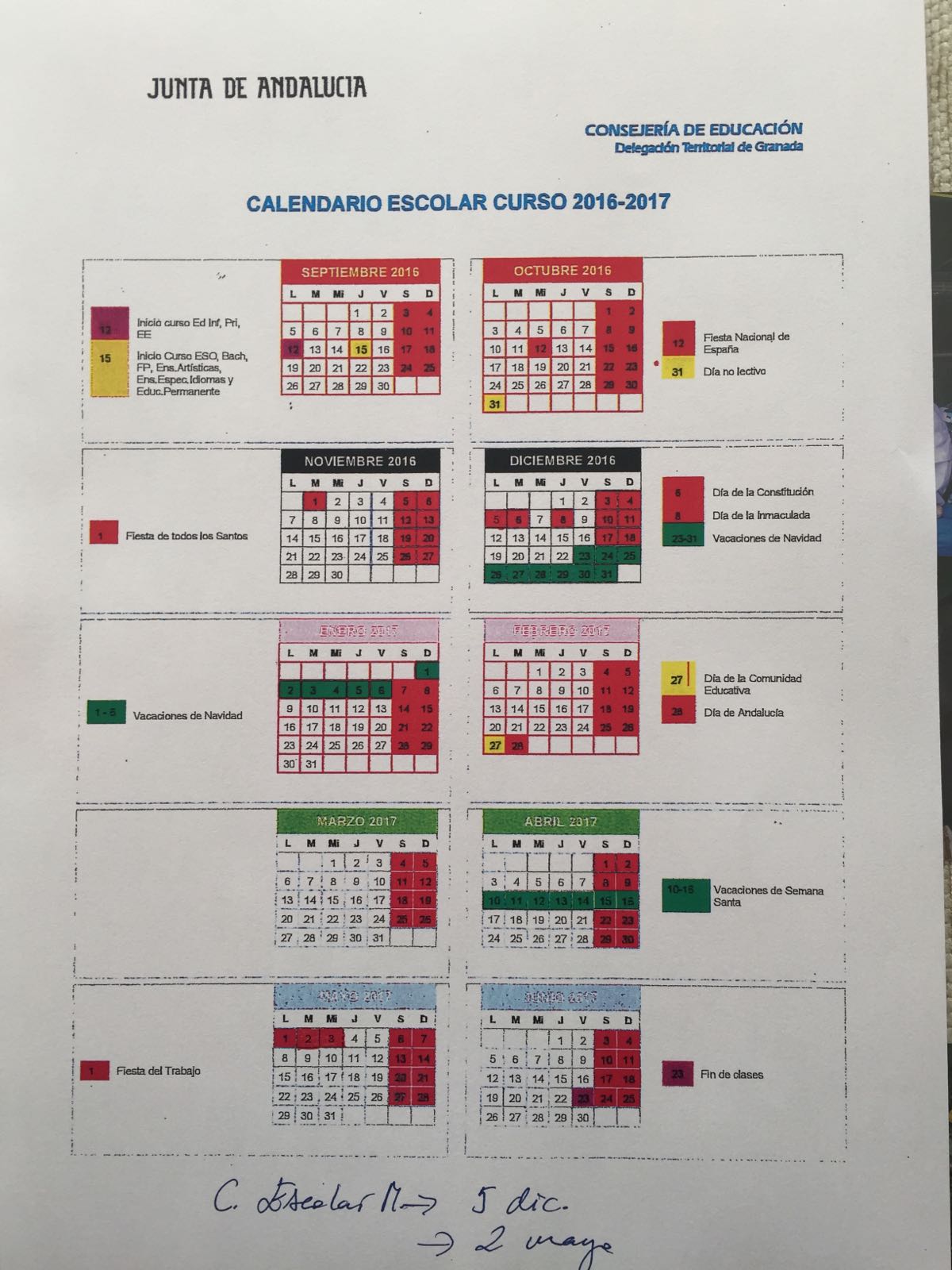 Calendario escolar curso 2016/17