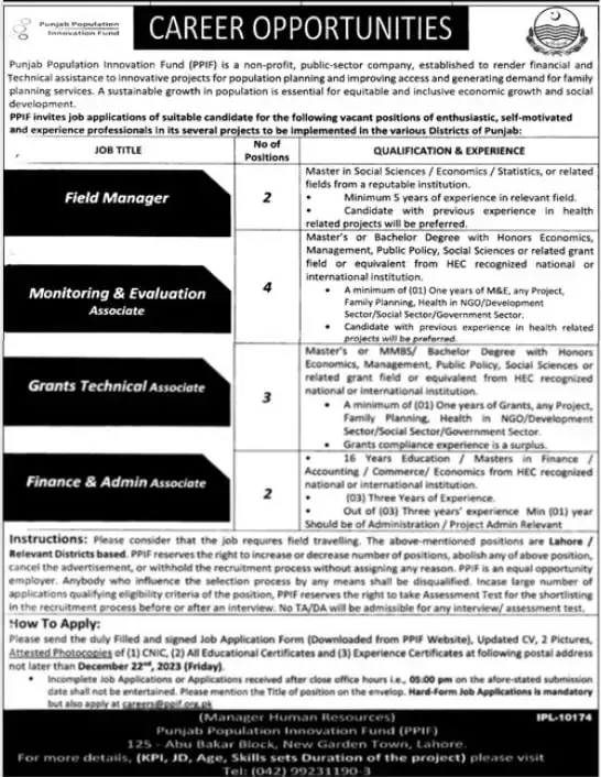 Punjab Population Innovation Fund PPIF Jobs 2023 Advertisement
