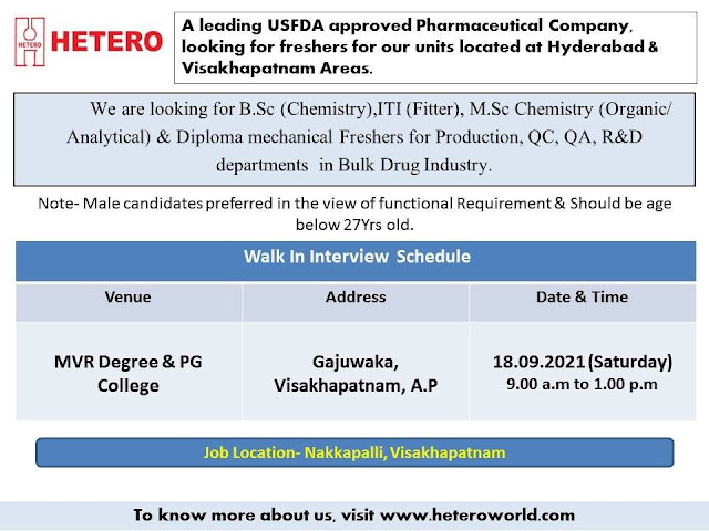 Job Availables, Hetero Campus Interview For Freshers in Production, QC, QA, R&D, Engineering Department- 120 Opening