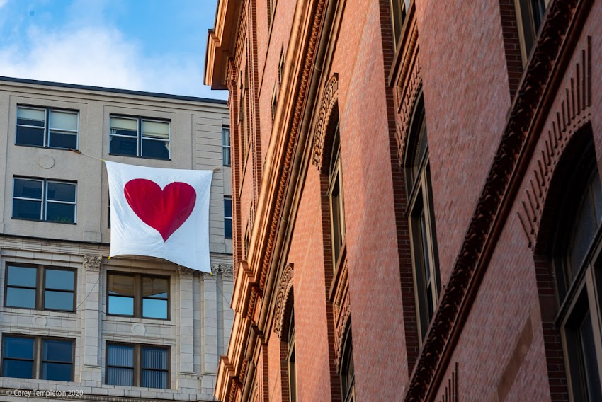 Portland, Maine USA February 2020 photo by Corey Templeton. A heart up near the top of the Time & Temperature Building.