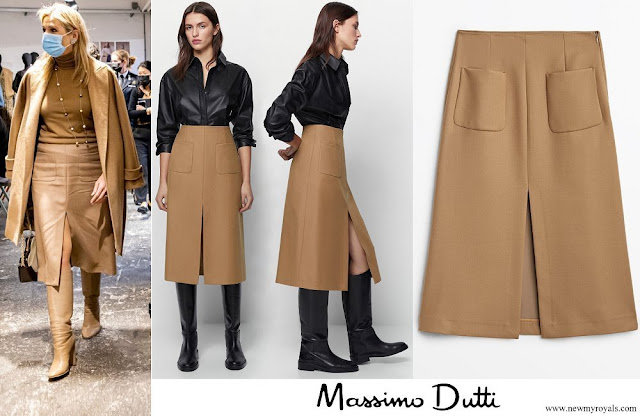 Queen Maxima wore Massimo Dutti wool midi skirt with pockets