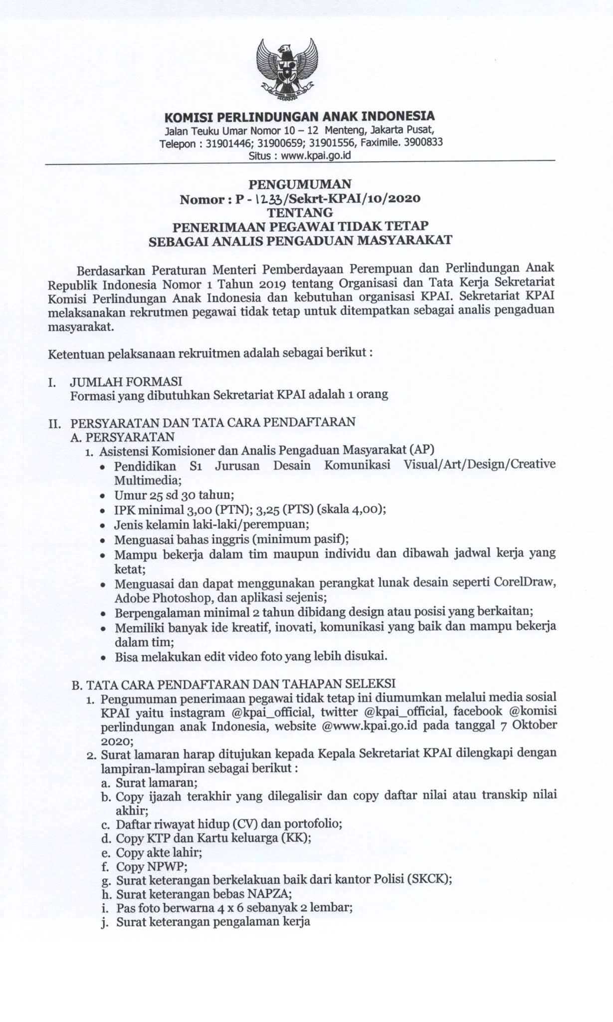 Lowongan Kerja Pegawai PTT Komisi Perlindungan Anak Indonesia Bulan Oktober 2020