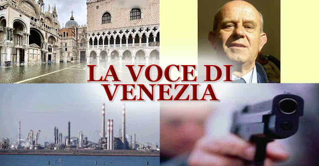 Un collage con le immagini di Piazza San Marco con l'acqua alta, il prof Gambolati, Marghera e una pistola
