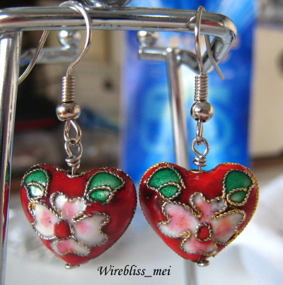 wire wrap earrings with Chinese cloisonne beads