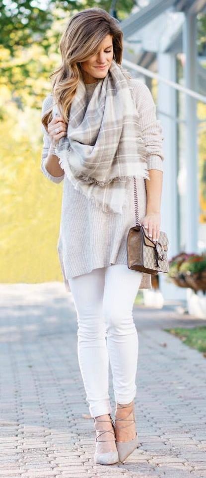 nude palettes | plaid scarf + sweater + skinnies + heels + bag