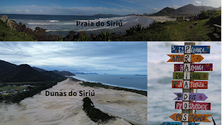 Collage de fotos mostrando una panorámica de Praia do Siriú en donde se aprecian las grandes olas llegando a la extensa playa. Las dunas de Siriú y un cartel indicando palabras bonitas junto a la playa (A modo de Crucigrama, palabras como Amor, honestidade, esperanza, forman en vertical "Praia do Siriú)