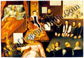 The Tudor triumph, This allegorical painting shows Henry VIII on his deathbed handing over the succession to his son Edward VI. The pope lies crushed and beaten at young Edward's feet, symbolizing the Tudor triumph over Rome. 