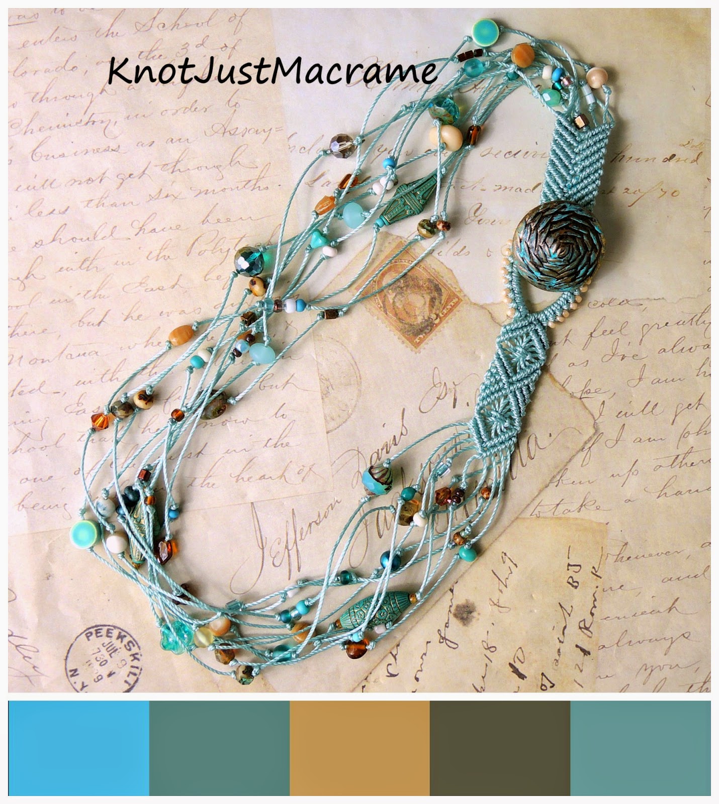 Turqouise and tan knotted macrame necklace and color palette.