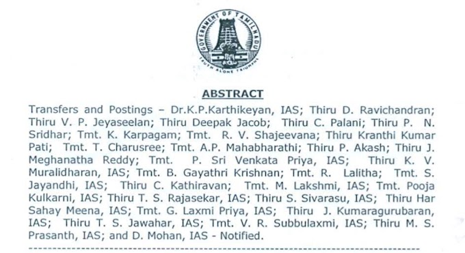 11 மாவட்ட ஆட்சியர்கள் மாற்றம் செய்து தமிழ்நாடு அரசு உத்தரவு.