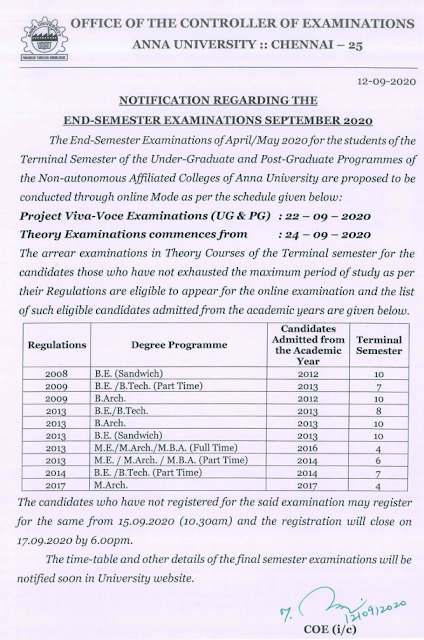 Anna University Final Year Last Date to Pay Exam Fee & Exam Date