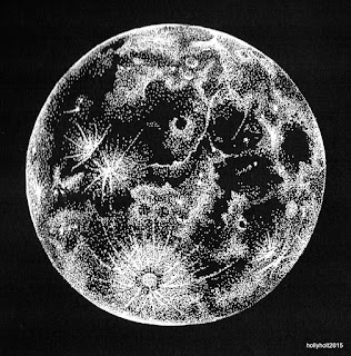 pointilist drawing of the moon in white ink on black paper by holly holt