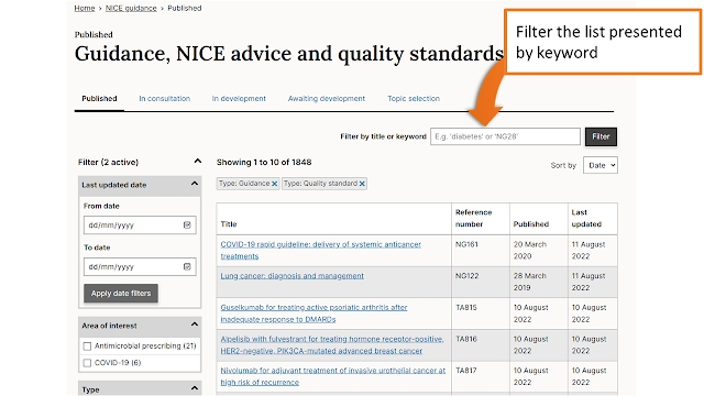 list of guidelines with a filter box