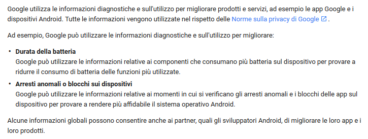 Utilizzo delle informazioni di Uso e diagnostica Android  da parte di Google