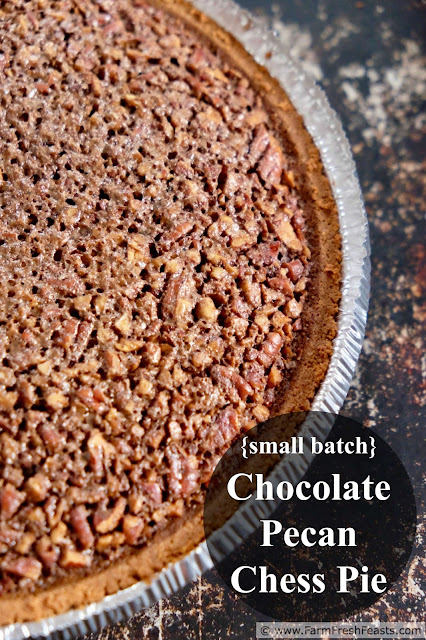 A recipe for chocolate chess pie chock full of pecans. Gooey chocolate in a small serving size pie for a dessert that's just enough when you are fewer around the table.