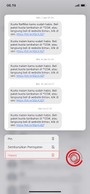 Tahan lama SMS terkait nantinya akan muncul dialog baru. Silakan kalian pilih Hapus untuk menghapus SMS tadi