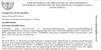 Junior Research Fellow BE BTech ME MTech Engineering Job Opportunities in NIT Karnataka