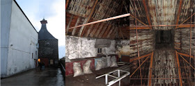 left - pagoda at knockdhu distillery, centre - inside the pagoda, right - view up in to pagoda vent