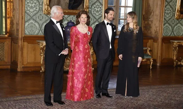 Princess Sofia wore a new embellished neckline black gown by Pia Tjelta. King Carl Gustaf and Queen Silvia hosted the Sverigemiddag