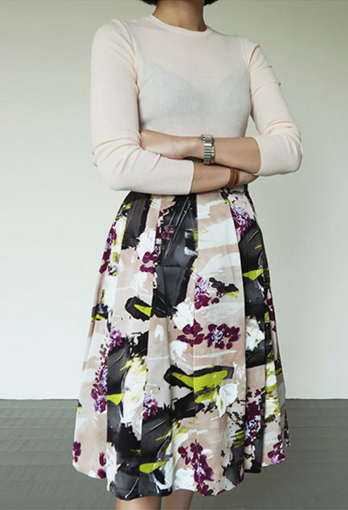  Floral Pleated Midi Skirt