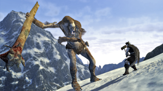 monster and player fighting in the snow