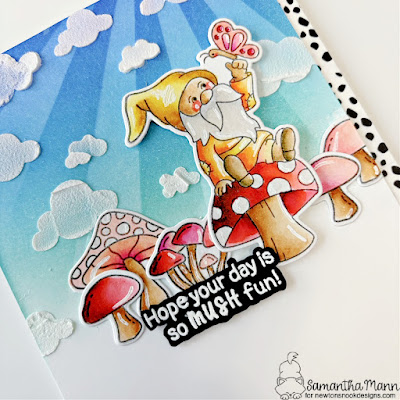 Hope Your Day is so Mush Fun Card by Samantha Mann for Newton's Nook Designs, Distress Inks, Ink Blending, Mushrooms, Gnome, Garden, Spring, Card Making, Handmade Cards, Clouds, Stencil, #newtonsnook #newtonsnookdesigns #distressinks #inkblending #cardmaking #gnome #mushroom #handmadecards