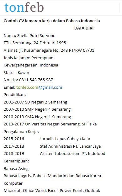 Contoh CV Lamaran Kerja