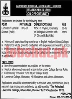 Lawrence College Ghora Gali Teaching Jobs In Murree 2021