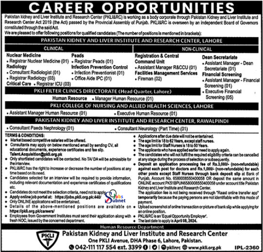 Pakistan Kidney & Liver Institute PKLI Jobs 2024