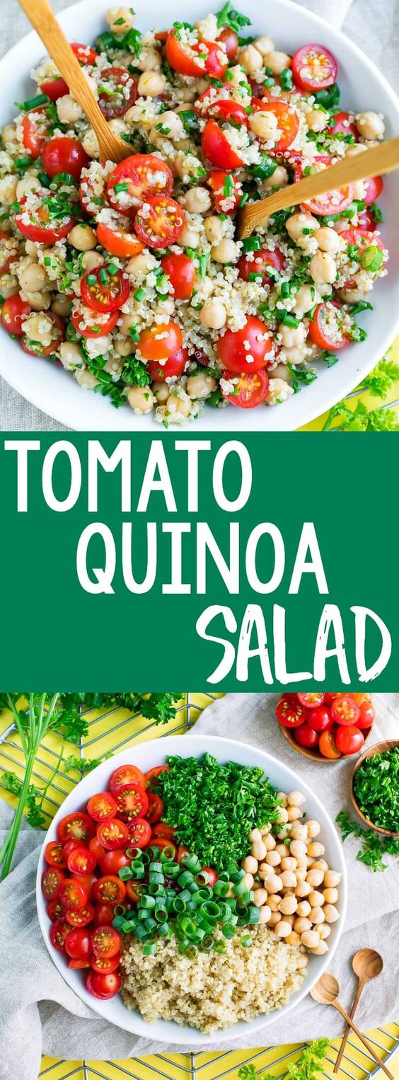 It's time to add another tasty quinoa recipe to our meal prep game! This Tomato Quinoa Salad is fast, flavorful, and easily made in advance for speedy lunches and sides for work, school, or home! #mealprep #makeahead #lunch #salad #healthy #quinoa #chickpeas