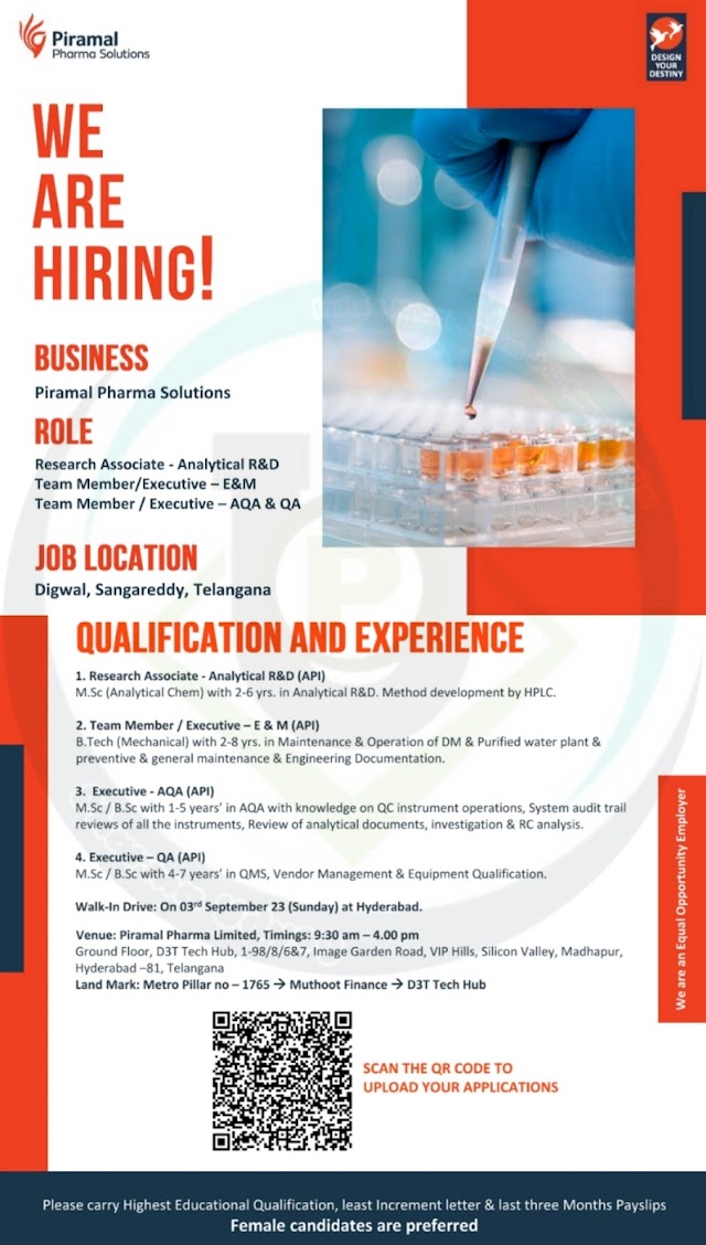 Piramal Pharma | Walk-in interview for Multiple Departments on 3rd Sep 2023