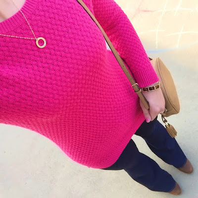 mom style, bright pink sweater, flared jeans